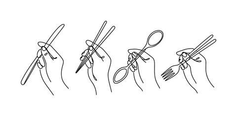 Continuous line art illustration depicting four hands holding a knife, chopsticks, spoon, and fork, symbolizing diverse dining and food culture. Vector