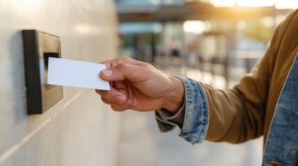 A close-up of a male hand inserting a card into a card reader, with a warm glow from the setting sun in the background.