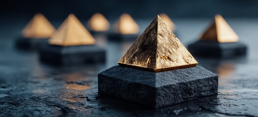 Pyramid is placed on a black stone base. The pyramid is surrounded by other pyramids, creating a sense of unity