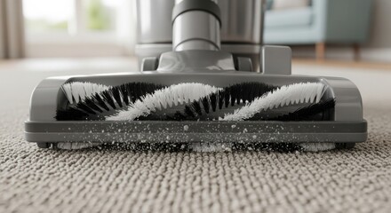 Vacuum cleaning with a modern vacuum cleaner on carpet for home hygiene. Vacuum cleaning involves a powerful brush head removing dirt and dust, ensuring a spotless floor. Illustrates vacuum cleaning,