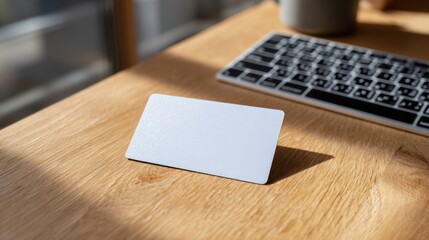 A blank business card on a wooden desk beside a keyboard, illuminated by soft natural light, creating a professional ambiance.