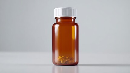 An amber pill bottle with a white cap, partially filled with yellow capsules, set against a soft gray background.