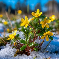 Small yellow flower is surrounded by snow. The snow is white and the flower is bright yellow. The image has a peaceful