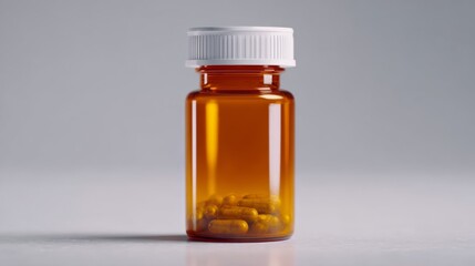 An amber prescription bottle filled with capsules, set against a soft grey background, emphasizing health and wellness.