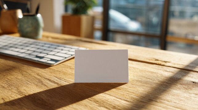 A blank business card stands on a rustic wooden desk bathed in warm sunlight, ideal for branding ideas.