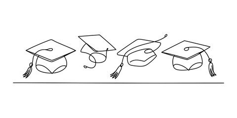 Continuous line art illustration of four graduation caps in a row, symbolizing education, academic achievement, and success. Vector