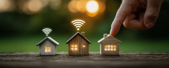 Three small houses with wifi on them. A hand is touching one of the houses. The houses are on a wooden surface