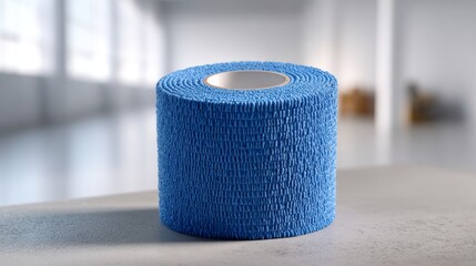 Close-up of a blue sports tape roll, set in a bright, minimalist indoor space.