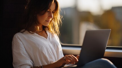 A young Caucasian woman works on her laptop by a window, illuminated by warm sunlight, showcasing concentration and tranquility.