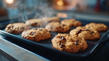 Freshly baked chocolate chip cookies cooling on a tray, emitting steam and inviting warmth.