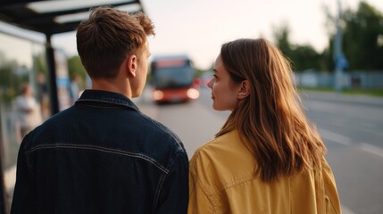 A young couple, a Caucasian man and woman, wait at a bus stop during sunset, radiating warmth and connection.