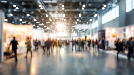 Business Exhibition Blur: A blurred trade show or business exhibition with booths and visitors, perfect for showcasing products and networking. High quality
