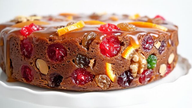 Close Up Fruitcake Decorated With Glazed Fruit on a White Background