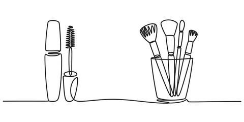 Continuous line art drawing of beauty and cosmetics products, including mascara and a set of professional makeup brushes in a holder Vector