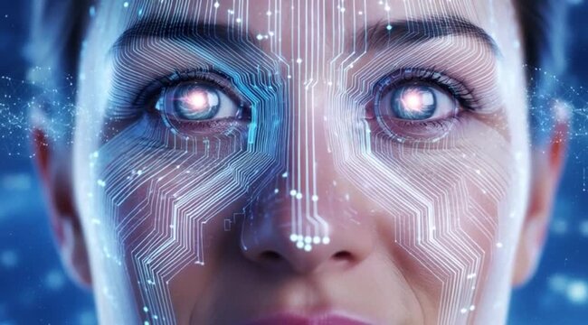 Closeup do rosto de uma mulher cujos olhos parecem uma galaxia, com formas de placa de computador passando sobre sua pele em um conceito tecnologico e futurista