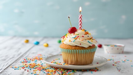 Delicious birthday cupcake with creamy frosting, cherry, sprinkles, and a festive candle ready to celebrate a special occasion with sweet treats and happy memories