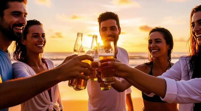 Pessoas na praia brindando, sorridentes e felizes em um momento de celebracao ao por do sol