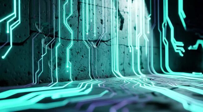 Parede formada por blocos com circuito energetico percorrendo cada bloco em padroes luminosos