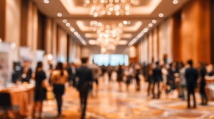 Corporate Event Blur: A blurred background of a corporate event in a conference hall, with people networking and socializing. High quality