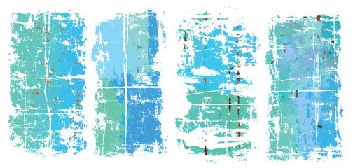 Set of blue and teal grunge texture vector backgrounds with distressed rough edges and abstract scratch details.