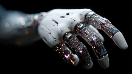 Detailed close-up of a futuristic robotic hand against a dark background