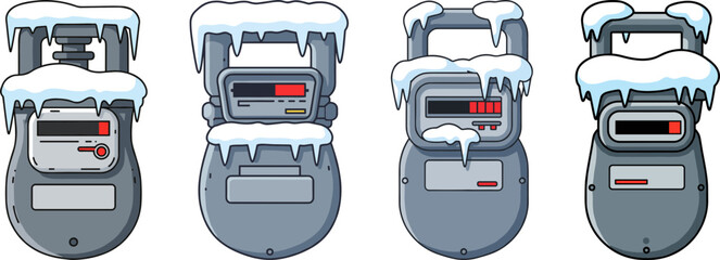 Frozen gas meters covered in snow during winter season  