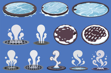Cartoon water splash and puddle illustrations on blue background  
