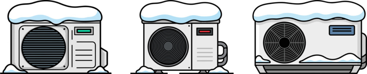 Air conditioners covered in snow with winter decorations  