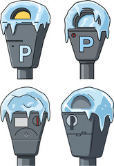 Frozen parking meters covered in snow and ice in winter season  