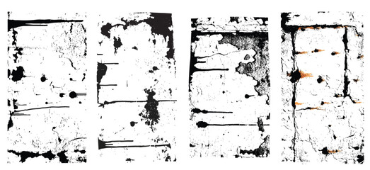 Grunge distressed texture set with cracked surfaces, peeling paint, splatter marks and rough worn patterns in black and white. 