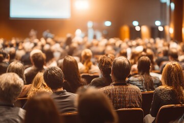 Rear view of Audience listening Speakers on the stage in the conference hall or seminar meeting, business and education about investment concept. High quality