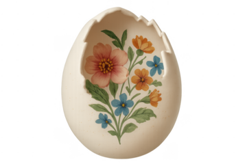 Cracked easter egg shell with floral painting, transparent background