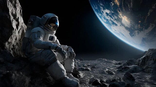 Field researcher recording details on rugged lunar landscape
