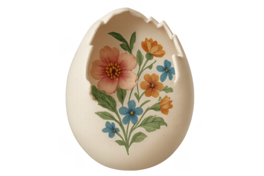 Cracked easter egg shell with floral painting, transparent background - Powered by Adobe