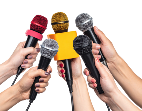 Many hands holding colorful microphones for a press conference or interview. Isolated on transparent background, png