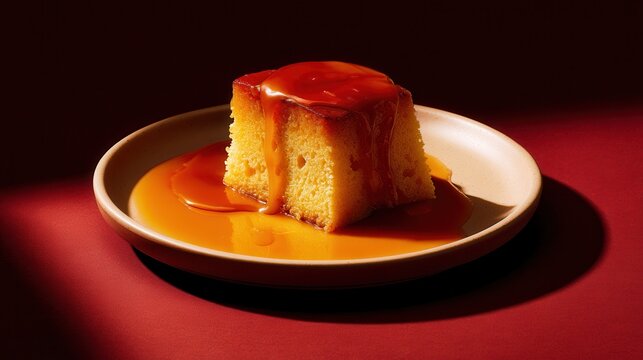 Quebec Sponge Cake Bathed in Rich Caramel, a Classic Pouding Chomeur Treat, Awaits to Be Devoured on a Crimson Stage