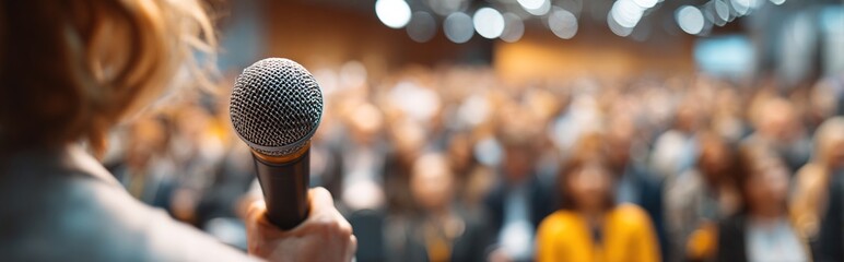 lecturer holding microphone near blurred audience during seminar, banner. High quality