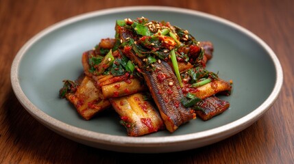 Fototapeta premium Sizzling Jangeo Bokkeum on Muted Olive Plate, a Korean Culinary Adventure of Chili Paste, Sesame, and Perilla Flavors