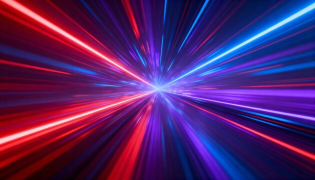 Abstract background of red and blue light streaks moving at high speed towards a central point, suggesting futuristic travel or data transfer. - Powered by Adobe