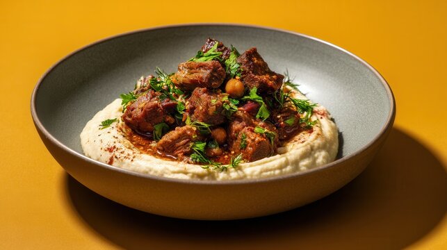A Turkish Delight H&uuml;nkar Beğendi Dish of Lamb Stew Simmering Over Creamy Eggplant Pur&eacute;e