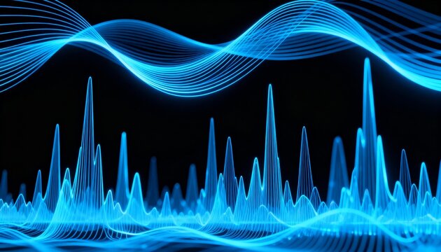 Abstract blue sound waves and spectrum on a black background.