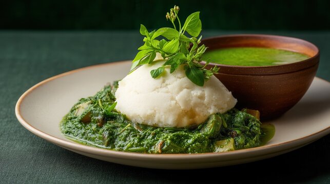 Tuwo Shinkafa and Miyan Kuka, a North African Culinary Delight, Beautifully Presented on a Matte Ivory Plate