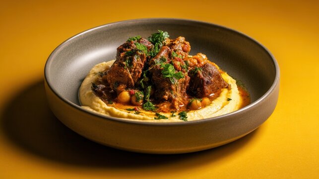 Hunkar Begendi Turkey Lamb Stew Artfully Served on a Bed of Pureed Eggplant
