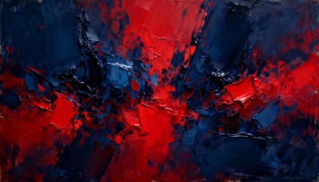 Abstract oil painting with bold brushstrokes, featuring a dynamic interplay of red and dark blue hues.