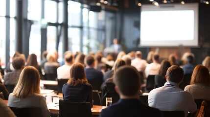 Business professionals attending corporate seminar with presentation screen in modern conference room with natural light. Audience of executives and managers at training workshop seated at tables