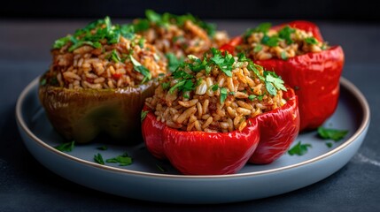 Albanian Stuffed Bell Peppers With Rice and Herbs Grace a Cool Gray-Blue Plate in Soft Daylight
