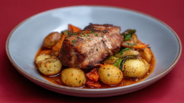 Leskovac Mukalica, a Serbian Symphony of Roasted Pork and Vibrant Vegetables on a Gray Plate Before a Kodak Red Backdrop