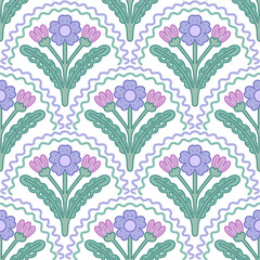 Hand Drawn Floral Seamless Pattern with Pastel Leaves and Petals