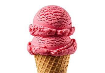Delicious double scoop strawberry ice cream cone on white background