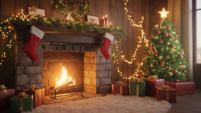 A cozy christmas scene featuring a decorated tree, a warm fireplace, and festive stockings, creating a comforting and inviting holiday atmosphere